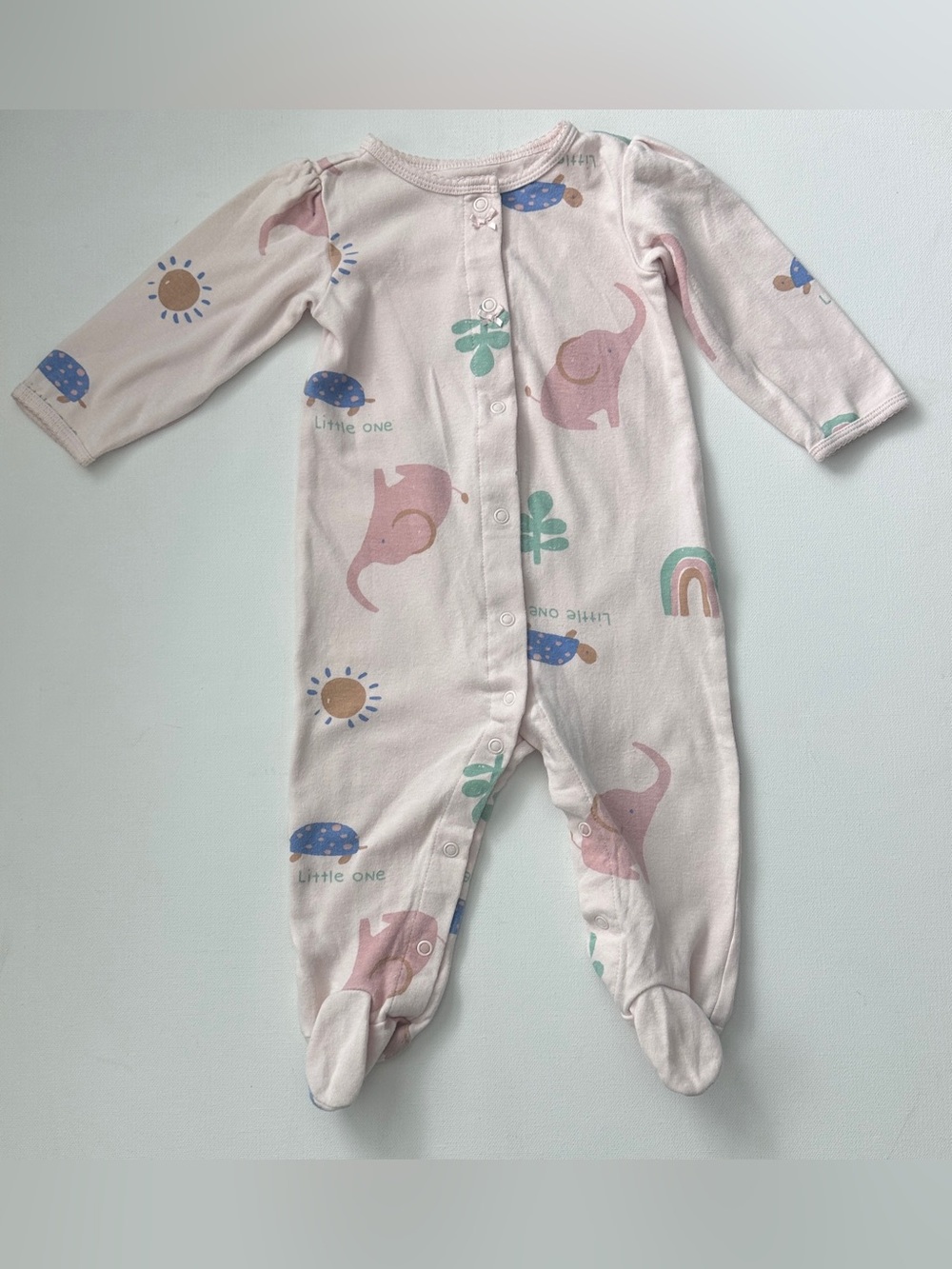 Carter's girl’s Footed One-Piece with Elephant and Rainbow Print. Size 9M.